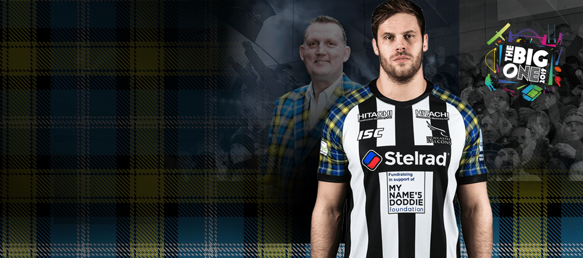 Newcastle Falcons Big One Special Shirt vs Sale Sharks 2019- New Falcons  MN5 Doddie Weir Kit